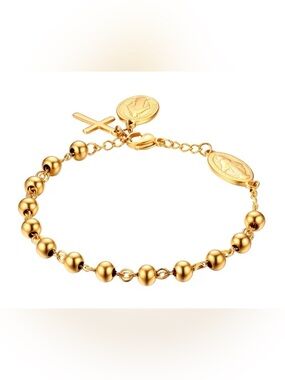 Gold Beaded Cross and Medal Women's Bracelet